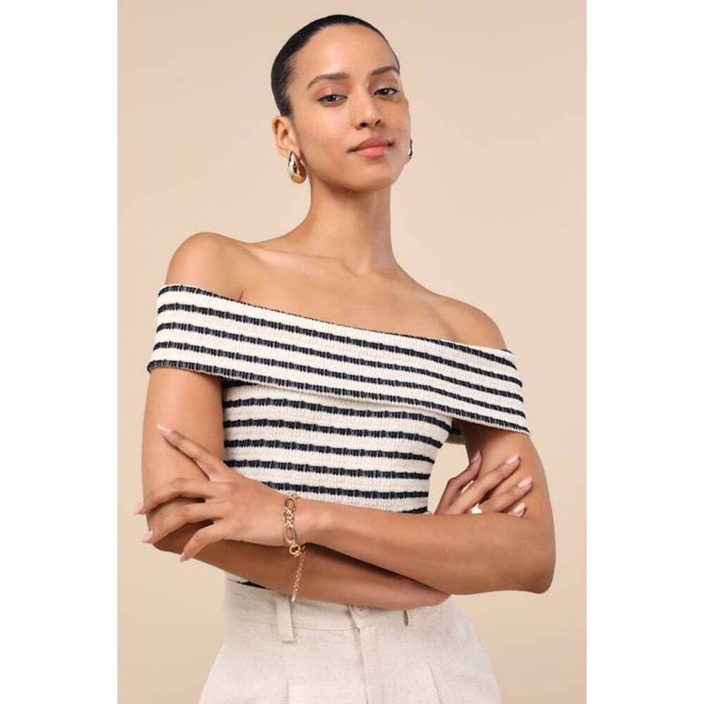 Lulus Lucilia Cream Striped Textured Knit Off-the-shoulder Top White - Size M